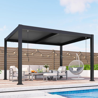 10' x 12' Louvered Pergola, Metal Outdoor Pergola with Adjustable Louvered Roof & Gutter System, Hardtop Patio Gazebo for Backyard, Deck, Garden, Dark Gray