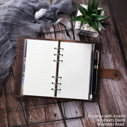 Leather Writing Journal Notebook Refillable, A6 Personal Size Traveler's Notebook with Pockets, 6 Ring Binder Planner Notebook with Pen Holder-BROWN