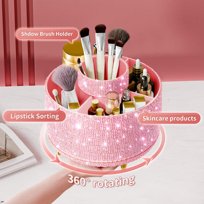 fanado Bling Diamond Makeup Brush Holder, 360° Rotating Makeup Organizer, 5 Slot Make up Brushes Cup for Countertop, Storage for Cosmetics Pen Eyeliner Skincare on the Vanity (Diamond Pink)