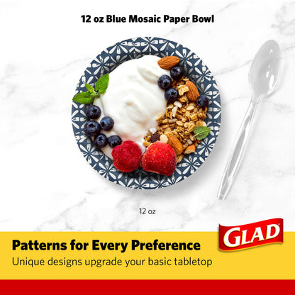 Glad Round Disposable Paper Bowls, Blue Mosaic Design - Heavy Duty, Soak-Proof, Cut-Resistant, Microwavable Paper Bowls for All Foods, Daily Use, and Special Occasions, 16 oz, 50 Count - 6 Pack