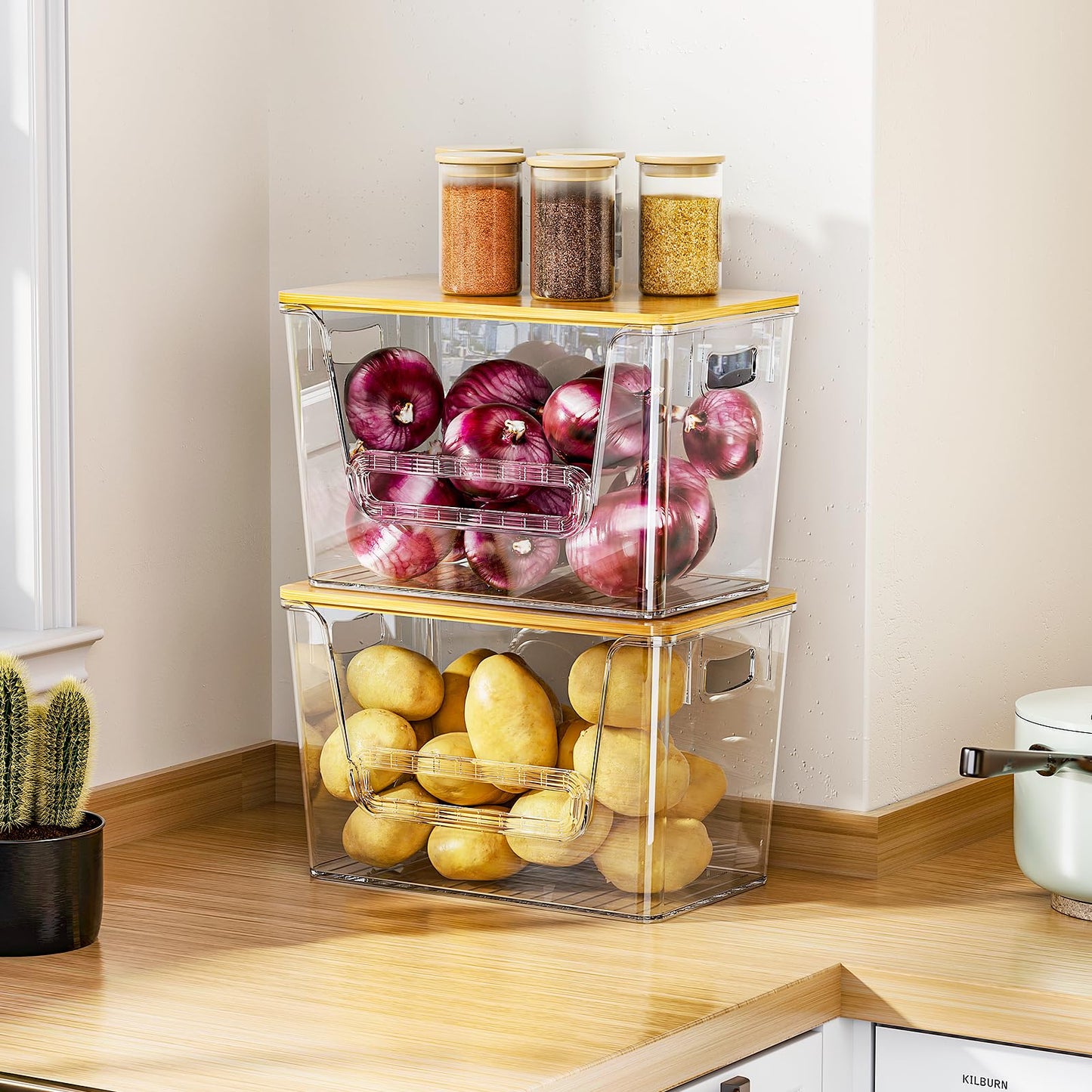 Delamu 2 Set Pantry Organizers and Storage, Trash Bag Holder Under Sink Organizer for 4-13 Gal Bags, Trash Bag Dispenser with Bamboo Top for Onion, Potato, Garlic, Clear (11-7/32"L*7" W*7-1/8"H)