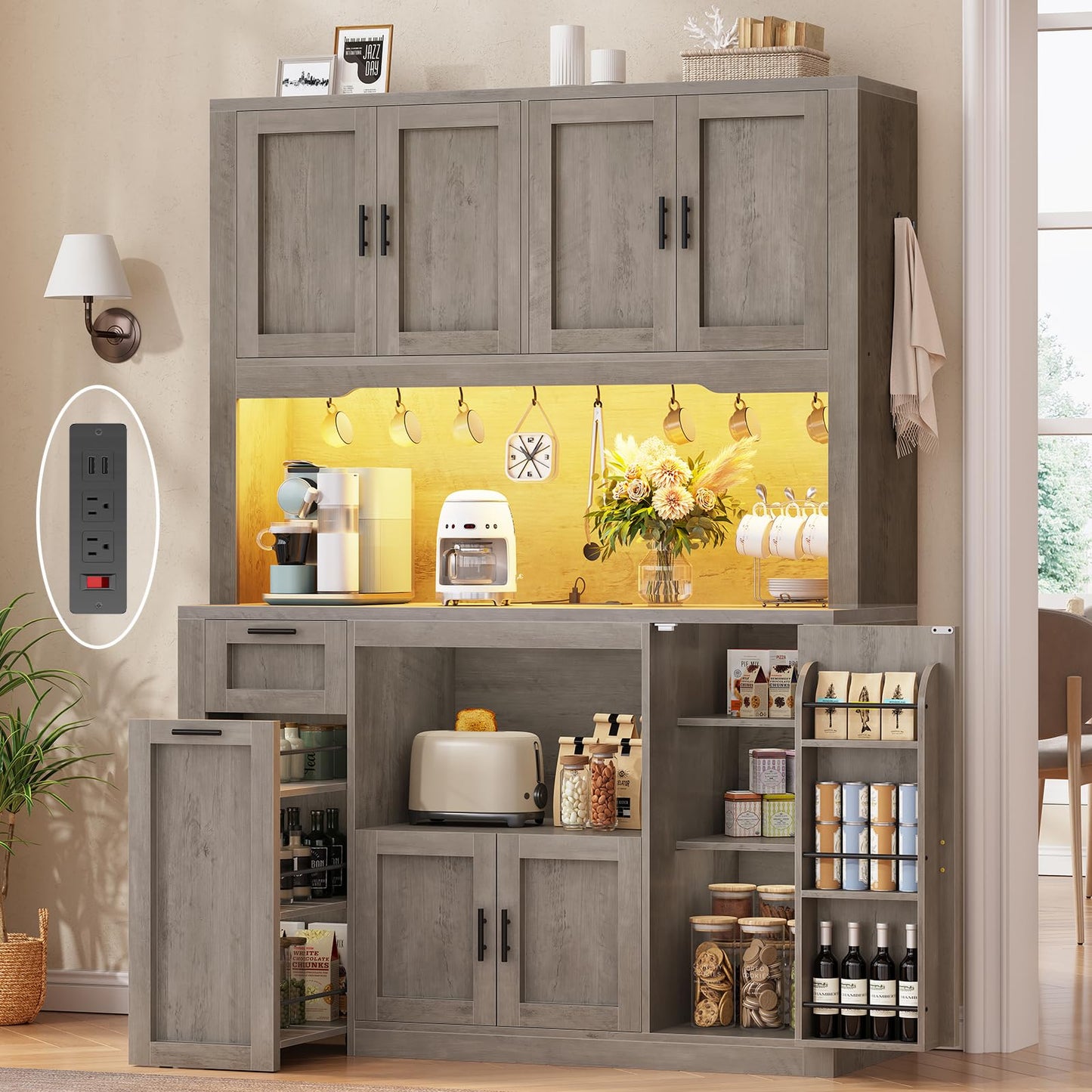Itaar 71" Pantry Cabinet with Charging Station and LED Light, Kitchen Pantry Cabinet with Microwave Stand, 47.2" Wide Kitchen Storage Cabinets with Storage Cart 3 Tier for Dining Room, Grey