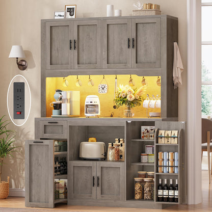 Itaar 71" Pantry Cabinet with Charging Station and LED Light, Kitchen Pantry Cabinet with Microwave Stand, 47.2" Wide Kitchen Storage Cabinets with Storage Cart 3 Tier for Dining Room, Grey