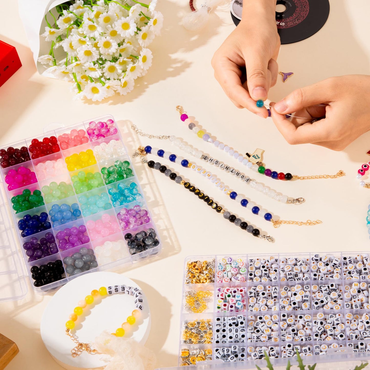 Goldwise Friendship Bracelet Kit - 2 Boxes with 24 Colors Glass(8mm) and Letter Beads (A-Z) for Jewelry Making, Varieties of Charms, Bracelet Making Kit, DIY Crafts for Gifts
