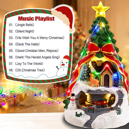 Musical Christmas Village with Spinning Train & Deer | Pre-Lit Artificial Tree - Battery & USB Operated - Festive Tabletop Decor