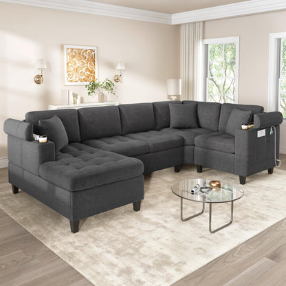 Merax 115.7" U-Shaped Chenille Sectional Sofa, 4 Seat Corner Couch Oversized with Built-in Cup Holders, 3 Pillows, Storage Space for Living Room, Grey