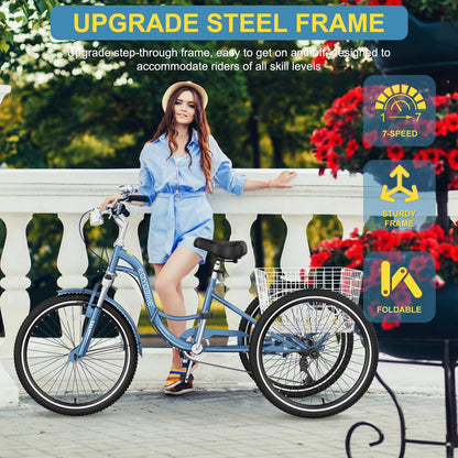 NAIZEA Folding Adult Tricycle - 7 Speed 20/24/26 Inch Folding Tricycle for Adult, 4 Wheel Bike, Foldable Trike with Large Basket/Low-Step Through for Men Women Senior