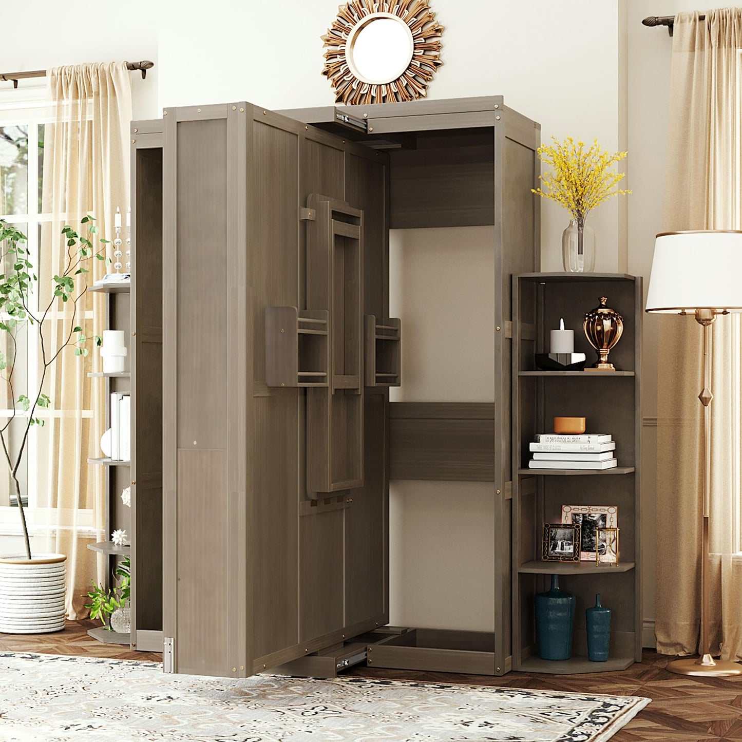 Rotating Full Murphy Bed with Hidden Wall Cabinet, Dual 3-Tier Side Shelves, Convertible Desk, Extra Storage Racks, Space-Saving Multifunctional Wall Bed for Home Office &Small Rooms, Gray