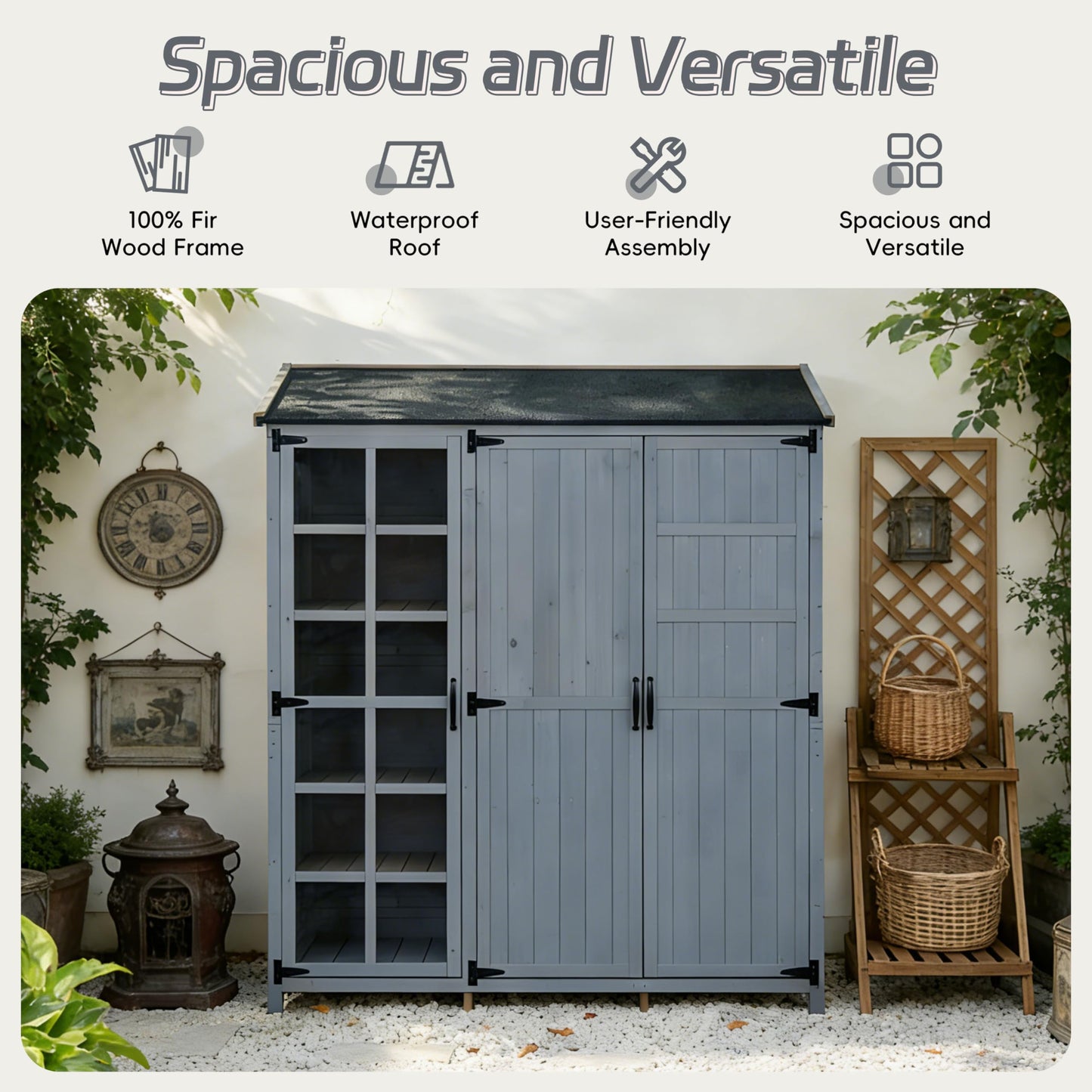Merax Outdoor Wood Large Garden Storage Shed with Waterproof Roof, Patio 3 Doors Storage Cabinet with Workstation, 7 Storage Shelves, 2 Drawers and 6 Hooks for Backyard, Gray
