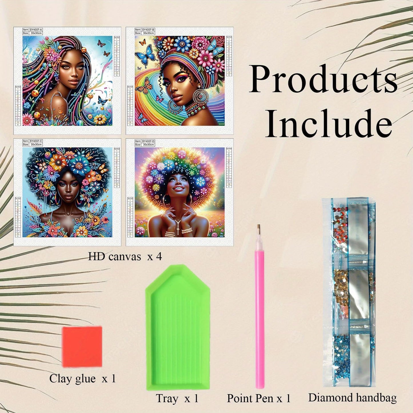 4pcs DIY Diamond Art Painting Kit- African American beauties, 5D Diamond Art Crafts, Suitable for Beginners, Suitable for Home, Art Wall, and Festival Party Decoration, Creative Home Decoration Gifts