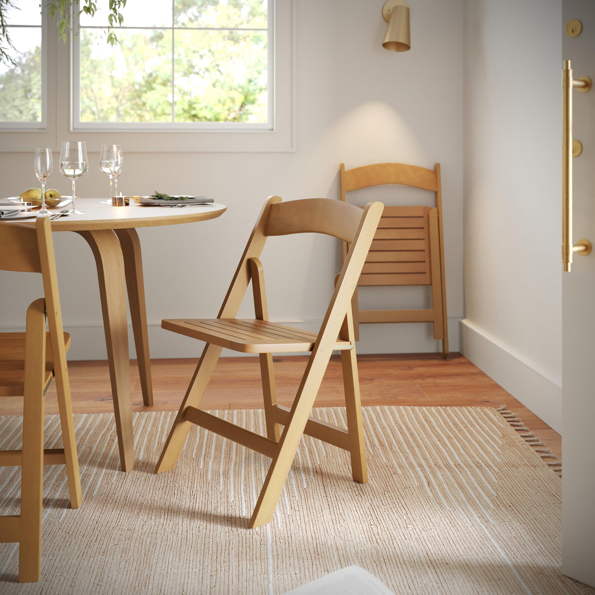 Flash Furniture Holden Commercial Solid Wood Dining Chair, Foldable Design, Solid Beechwood Frame, Curved Back, Mortise & Tenon Construction, Set of 4, Oak