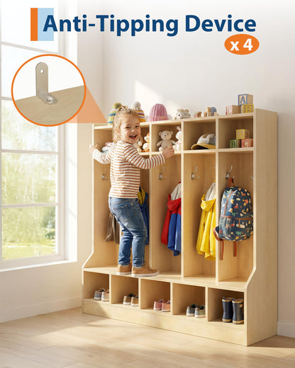 Garvee Kids Coat Locker with Bench for Classroom, Smooth Wood Surface 10 Cubbies, Daycare Cubby with 4 Hidden Casters & 10 Hooks, Cubby Storage Organizer for Nursery, Home, School