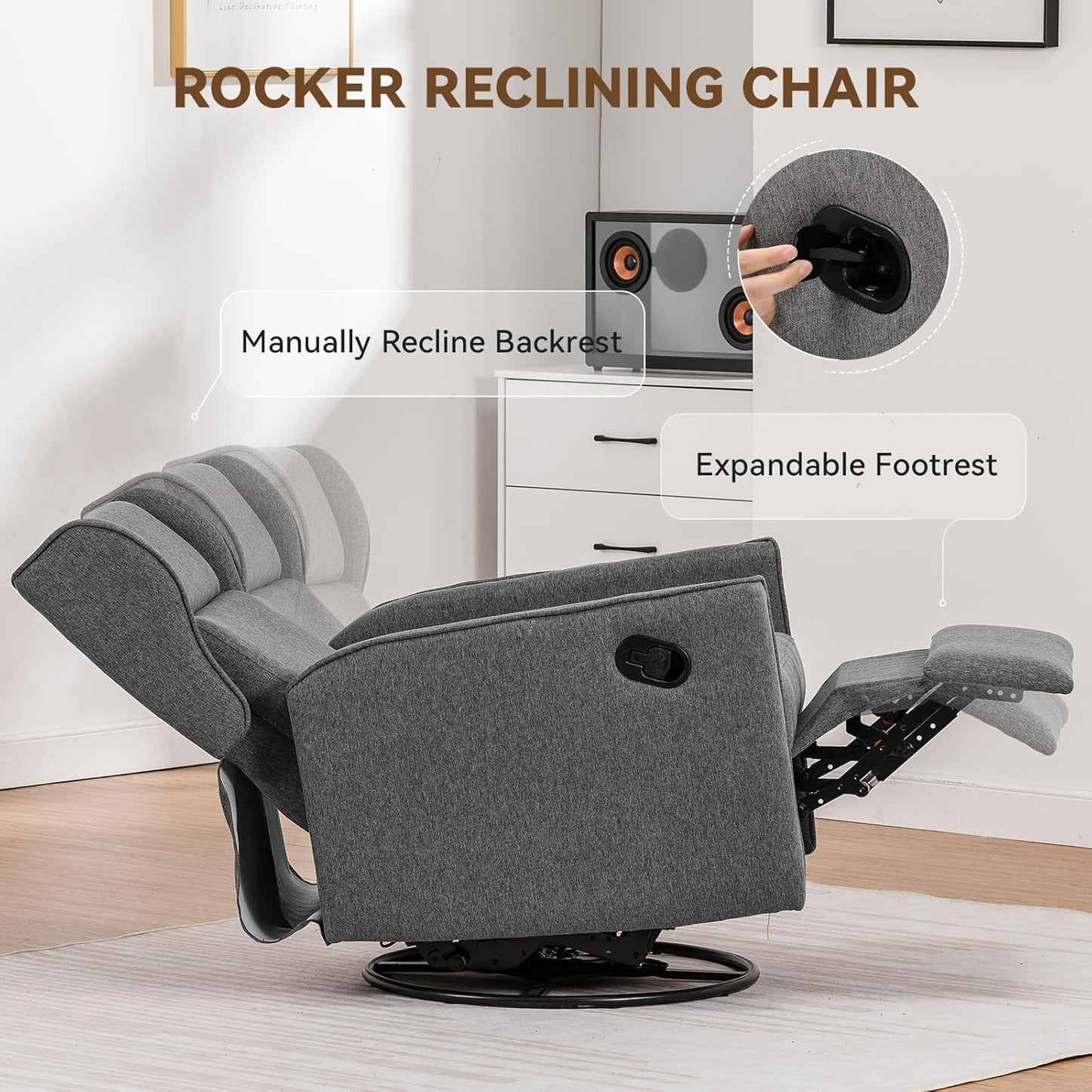 COMHOMA Nursery Rocking Chair Fabric Upholstered Swivel Rocker Recliner Manual Glider Reclining Chair for Living Room Bedroom Offices (Dark Grey)