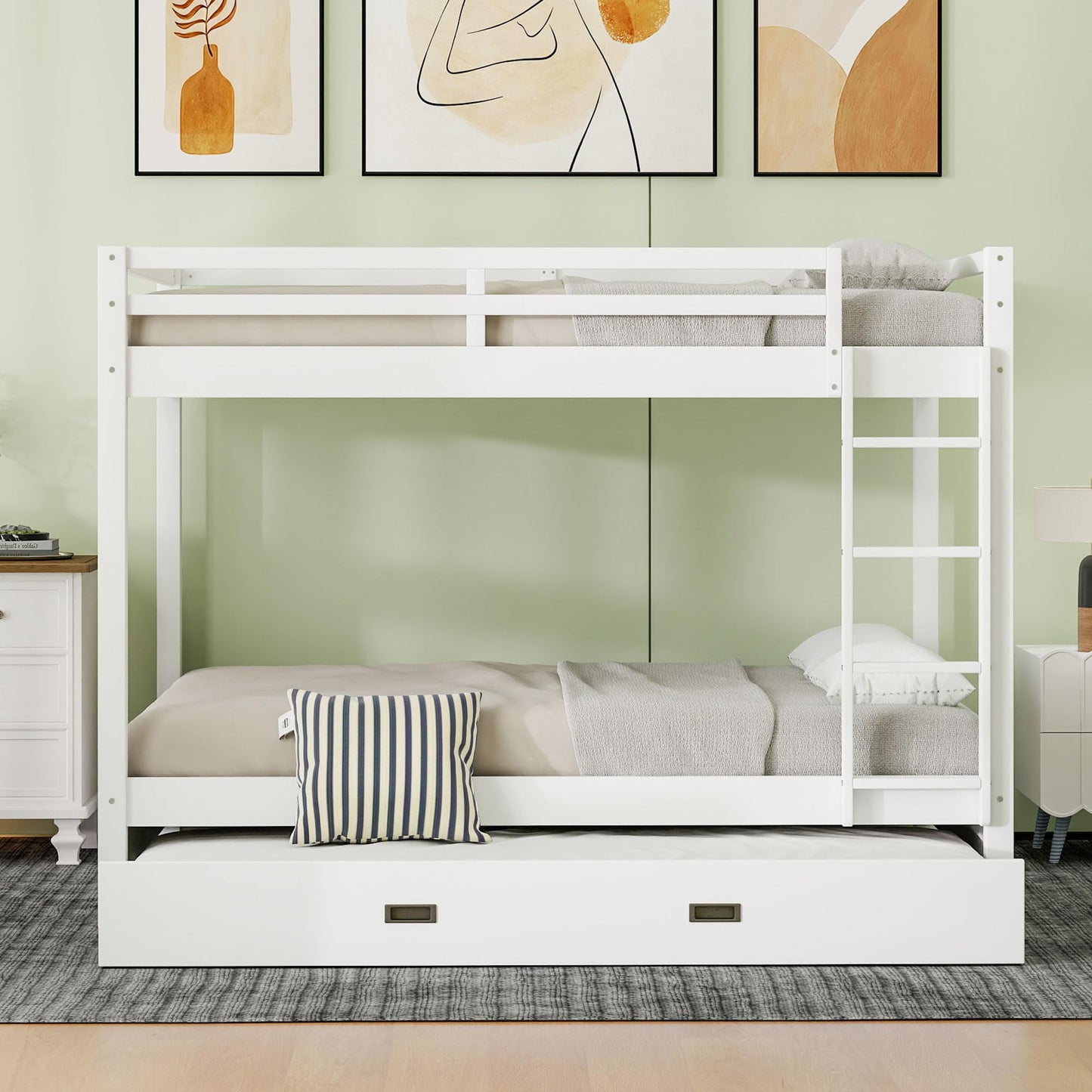 Merax Modern Queen Over Queen Size Wood Bunk Bed with Ladder and Twin XL Trundle, No Box Spring Required, Space-Saving, White