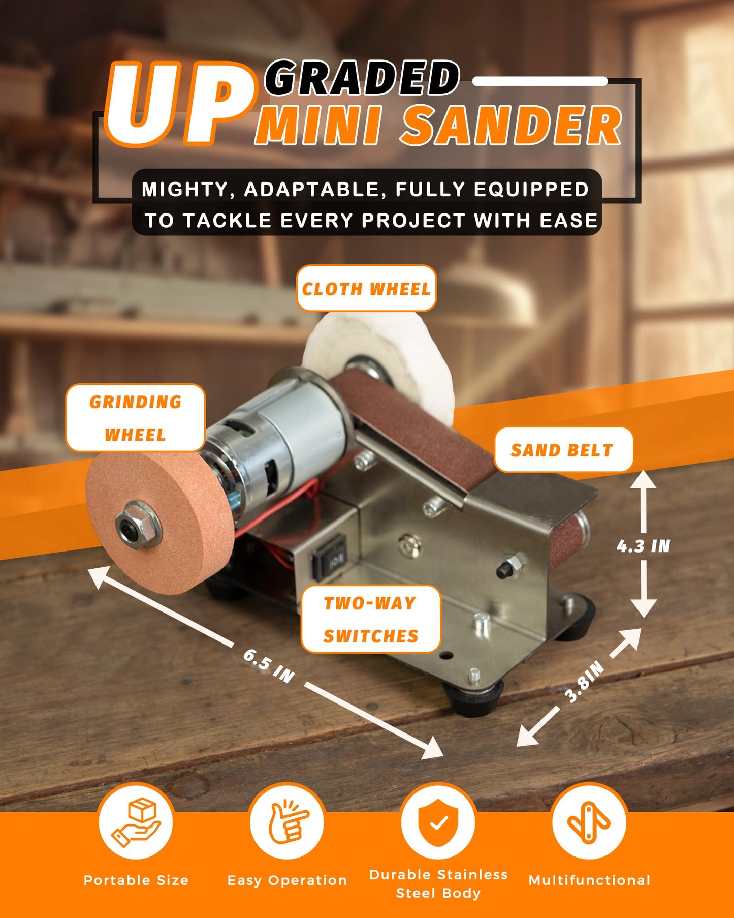 Mini Belt Sander, Electric Small Sander Knife Making Supplies, 7 Adjustable Speed Electric Knife Sharpener, Power Belt Grinder for Woodworking, Metal Working DIY (6.5'' x 6.8'' x 4.8'')