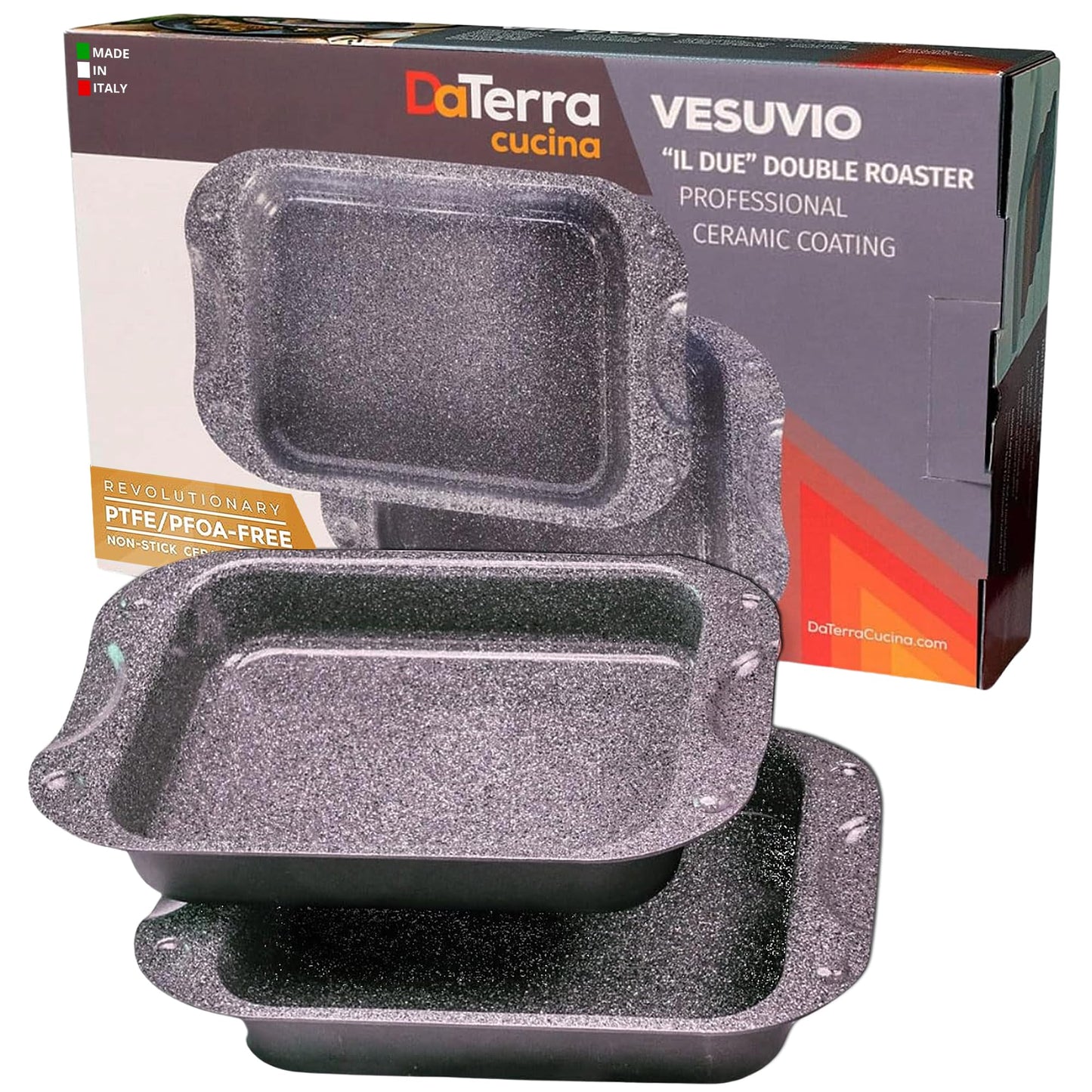 DaTerra Cucina - Nonstick Ceramic Coated Dual Roasting Pan Set – 2 Identical Pans, Oven Safe, Ideal for Roasting, Baking, Searing, Braising, Casseroles, Fits Most Toaster Ovens - 13 x 8 x 4.25