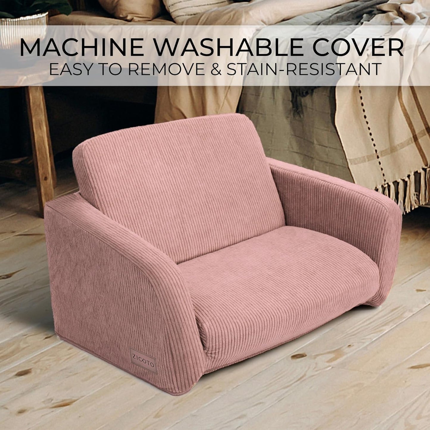 2 1 ZICOTO Comfy Kids Chair for Toddler - Stylish in Lounger Made of Memory Foam Easily Unfolds Into a Soft Baby Couch
