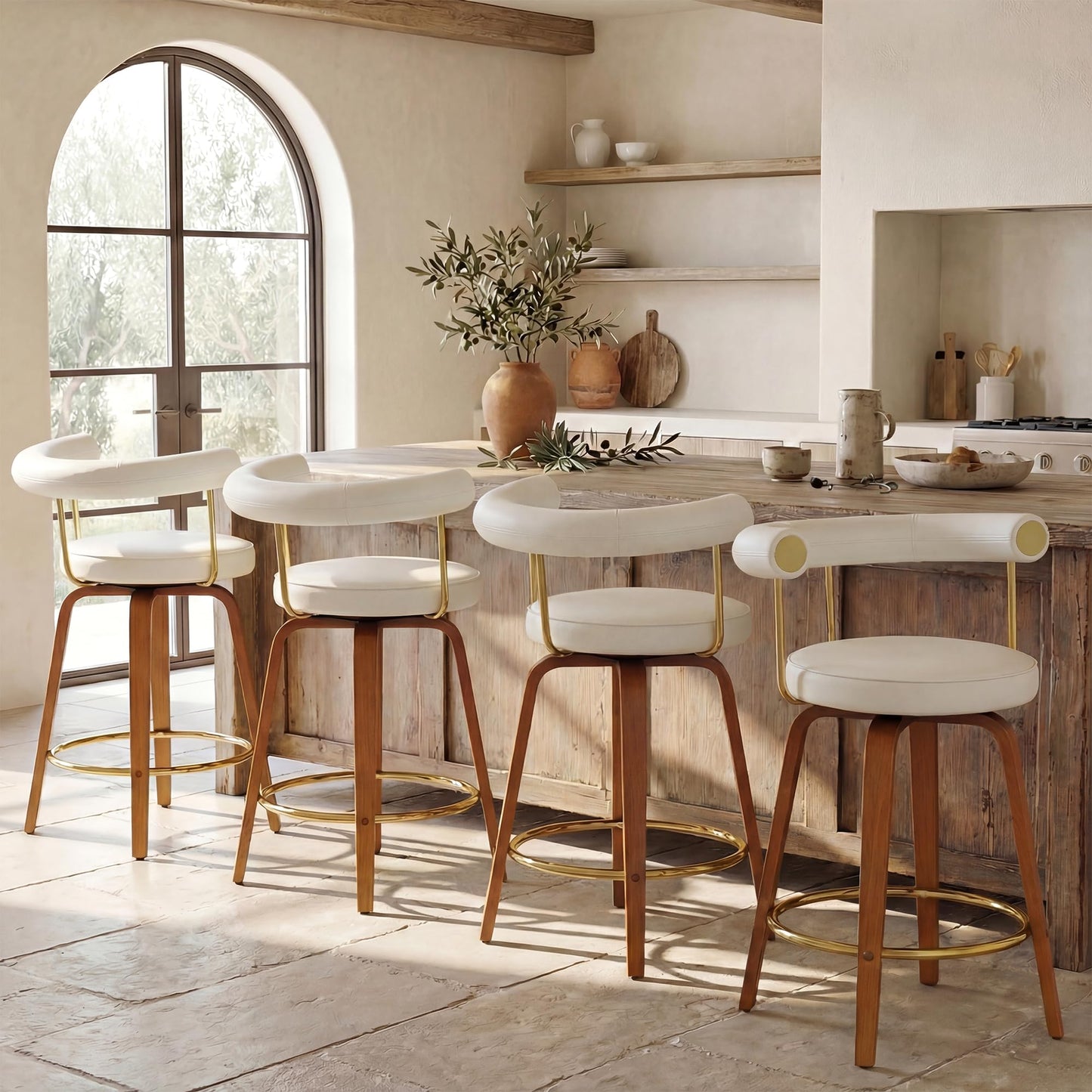 TYBOATLE Swivel Bar Stools Set of 4, Counter Height Bar Stools with Bent Wood Legs and Back, Mid-Century Modern Faux Leather Bar Chairs Island Barstools for Kitchen (4, White)