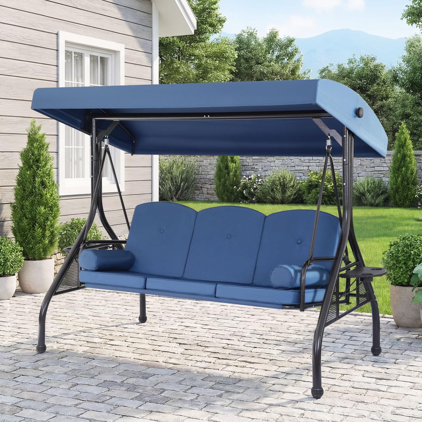 3-Seat Outdoor Porch Swing with Adjustable Canopy, Convertible 2-in-1 Patio Swing & Bed with Thick Cushions, Pillows & Cup Holders for Porch, Backyard & Garden (Blue)