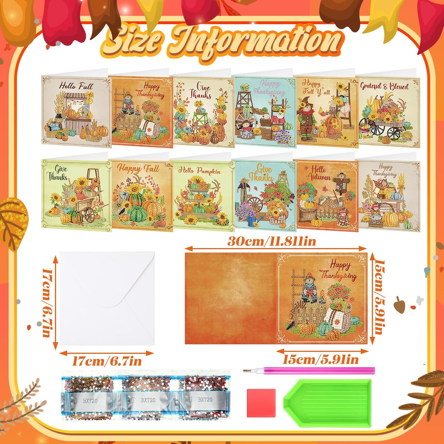 TecUnite 12 Pack Thanksgiving Diamond Painting Greeting Card Kits Fall Thanksgiving Diamond Art Cards with Envelopes Pumpkin DIY Crafts Kit Rhinestones Paint Scarecrow Cards for Friend Birthday Gifts