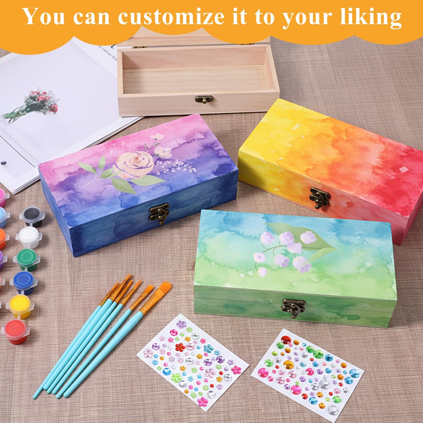 Yuanan 10PCS Unfinished Wooden Box for Crafts, 7.87x3.94 Inches Wooden Gift Boxes Small Woodens Boxes with 10 Paint Brush 3 Stickers, for DIY Make Your Own Gift Keepsake Box, Jewelry