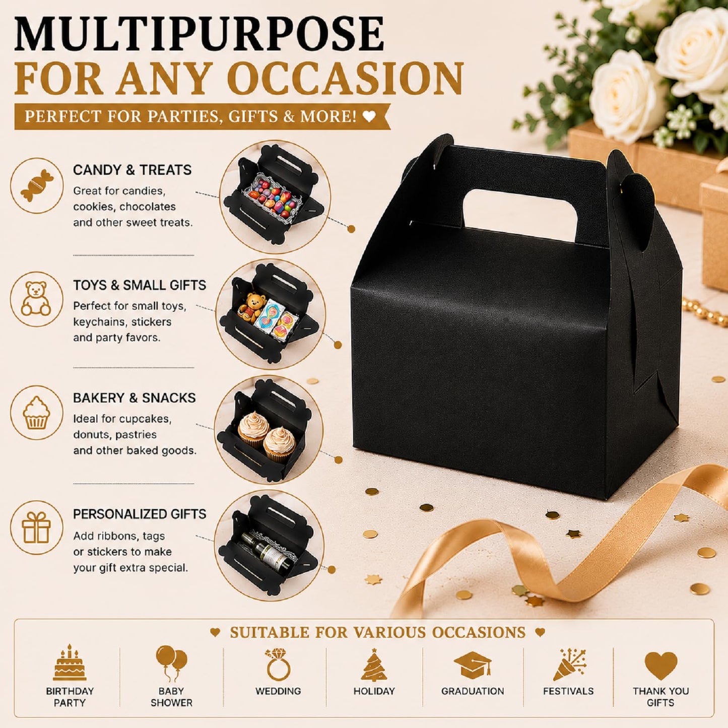 ABuff 50 Pack Black Gable Treat Boxes, Goodies Favor Gift Box for Kids, Party Favor Boxes for Snacks, Candy, Toys, Baby Showers Birthday Party Wedding, 6.3x3.5x3.2 Inches