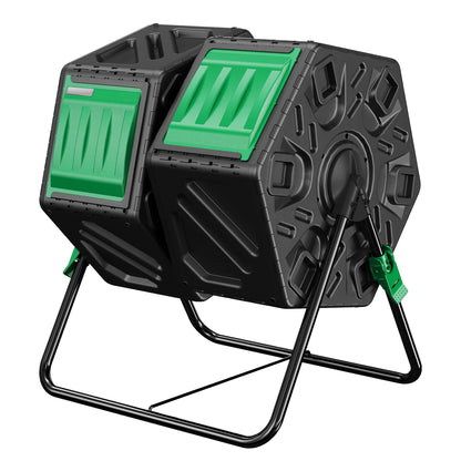 Compost Bin Outdoor, 2 Separate Tumbling Chambers, 37Gal Lagre Compost Tumbler with Sliding Door and Aeration System, 360° Rotating, Tumbling Composter Bin for Kitchen, Garden, Yard, Black Green