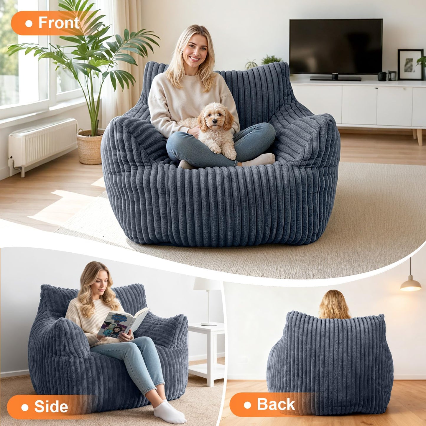 HarborHue Giant Bean Bag Chair with Ottoman, Oversized Memory Foam Bean Bag Sofa for Adults and Kids, Large Comfy Fluffy Single Lounges Mini Couch for Living Room, Bedroom & Dorm(Gray)