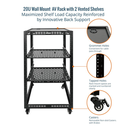 TECMOJO 20U Open Frame Network Rack for IT & AV Gear, 4-Post With Casters, Mobile With 2 PCS 1U Server Shelf & Mounting Hardware, for 19" Network, Audio and Video Device