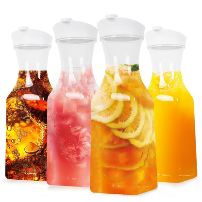 Set of 4 Plastic Carafe with Lid, 1 Liter Mimosa Bar Supplies, Large Square Base Juice Containers, Water Bottle, Milk Container, Clear Beverage Containers for Fridge - HAND WASH ONLY