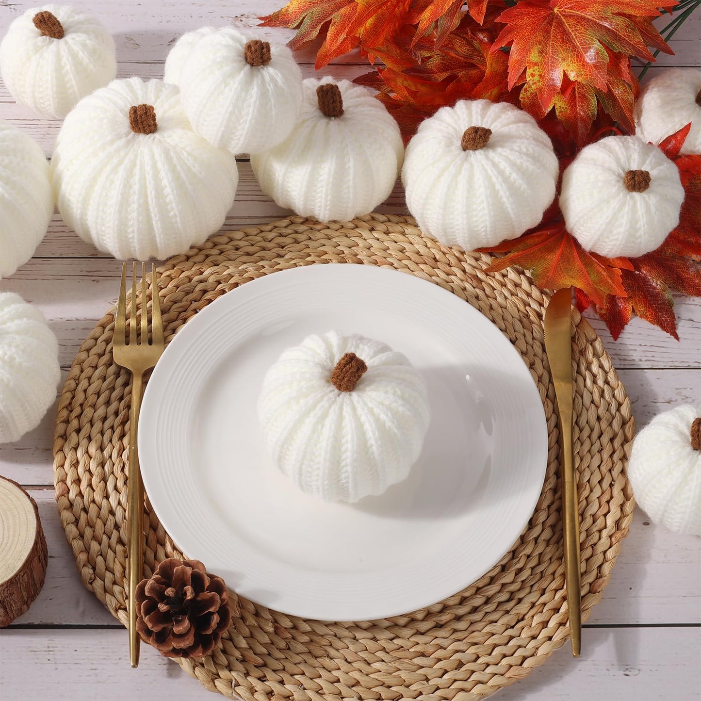 ZenNex 12-Pack Fall Crochet Pumpkins Handmade Fall Decor Set with 2.36, 3.15, 4inch Sizes Knit Pumpkins Farmhouse Thanksgiving Table Centerpiece, Halloween Decorations (White)