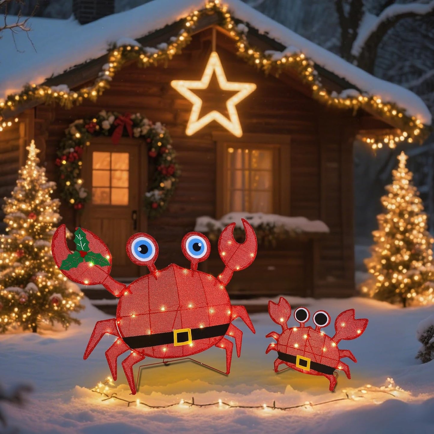 Set 2 2D Prsildan Outdoor Christmas Decorations - of LED Lighted Crab Yard Decor, Battery Operated Holiday Lawn Figures