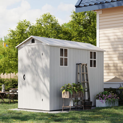 Patiowell 4x8 FT Plastic Outdoor Storage Shed with Floor, Garden Tool Resin Storage Shed with Two Windows and Single Lockable Door for Garden, Backyard, Lawn, Easy to Install, Light