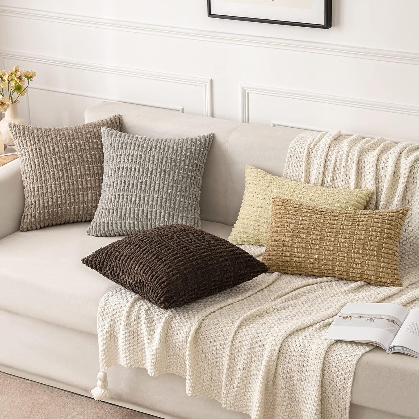 MIULEE Euro Sham Pillow Covers - Soft Boho Striped Corduroy | 24x24 Inch Beige Decorative Covers for Sofa & Bed