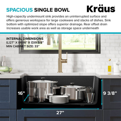 KRAUS Bellucci 30” in. Undermount Workstation Granite Kitchen Sink in Metallic Black with Accessories, KGUW2-30MBL