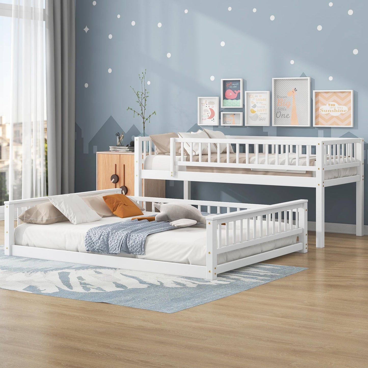 Merax Twin XL Over Queen Floor Bunk Bed with Ladder and Guardrails, Bedroom Wood Bunk Bed Frame for Kids/Teens/Youths/Adults, Space Saving & Noise Free, No Box Spring Needed, White
