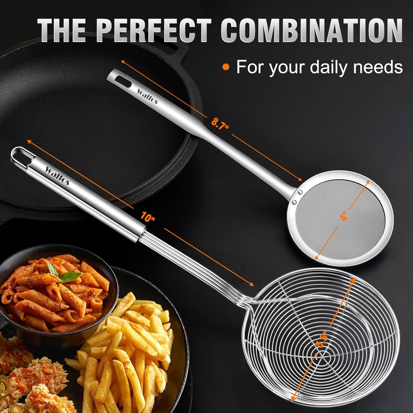 Walfos Spider Strainer, Set of 2-5.5 Inch Stainless Steel Fryer Scoop & 4 inch Fat Skimmer Spoon, Kitchen Spider Skimmer Strainer With Handle, For Cooking Deep Fryer, Pasta, Egg,Fat