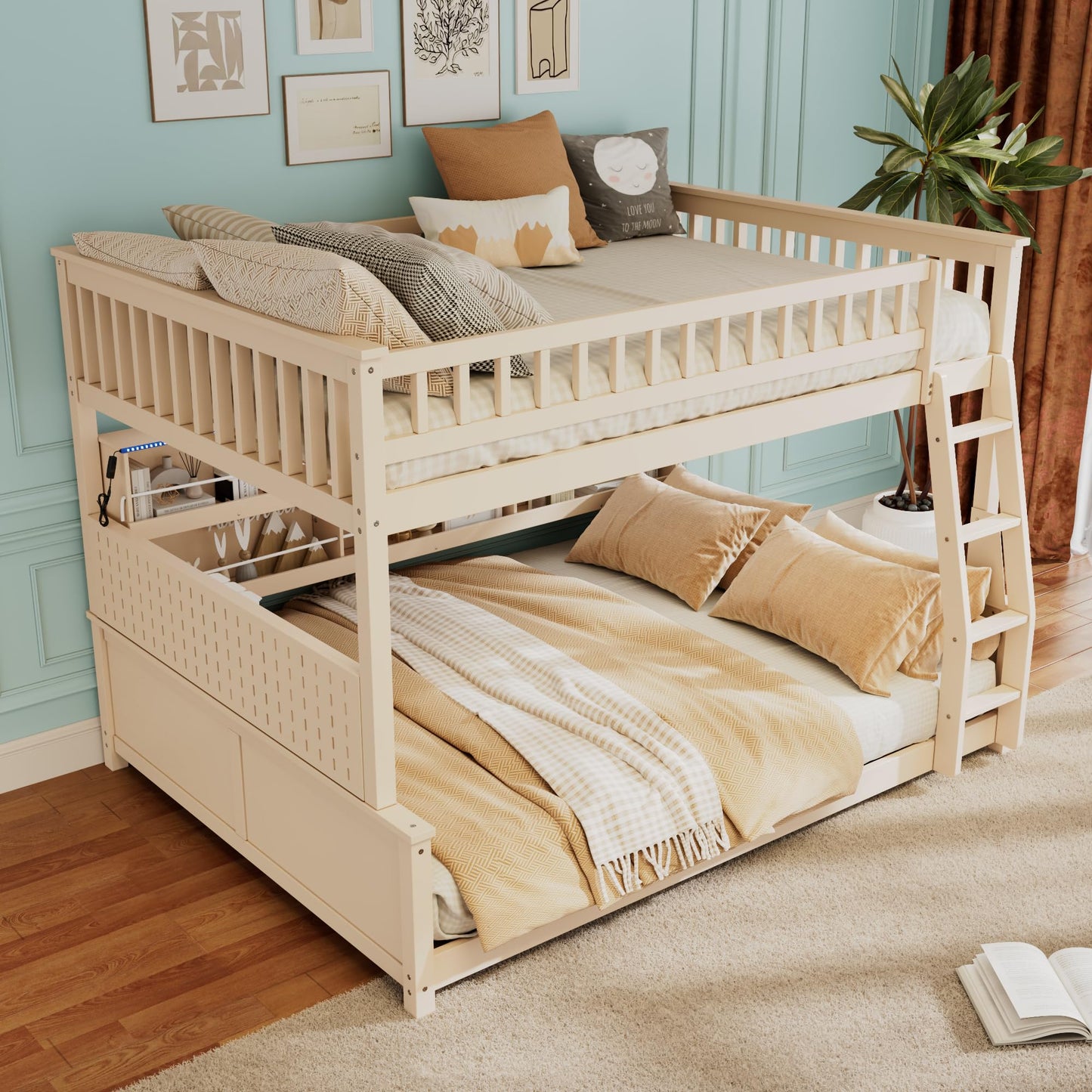 Merax Full XL Over Queen Wood Bunk Bed Frame with Integrated Side Storage Shelves and Anti Falling Rope, Color-Changing Lights, Pegboard, Safe Guardrail and Ladder, for Teens, Adults, Guests (Beige)