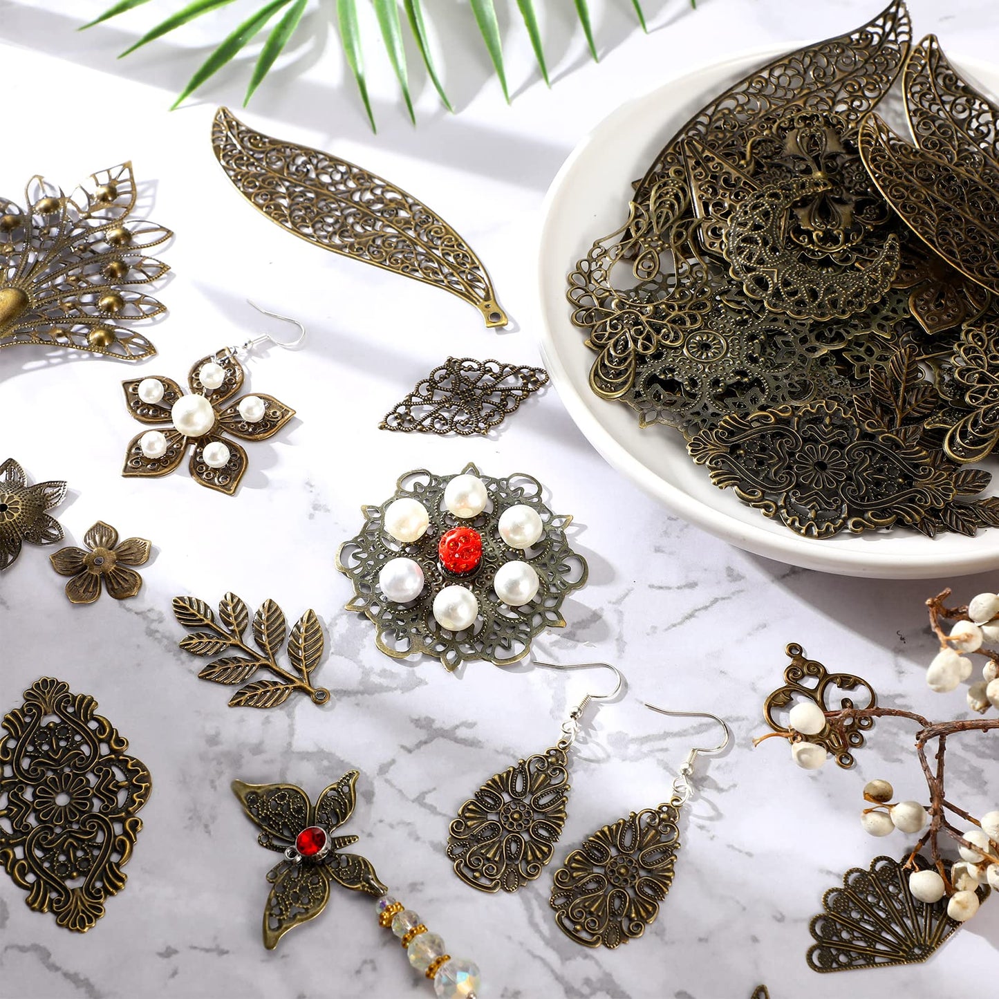 Luinabio 120 Pieces Filigree Connectors Charms Pendants Decoration Tibetan Metal Filigree Findings Embellishments for DIY Hairpin Necklace Earring Jewelry Making(Bronze,Novel Style)