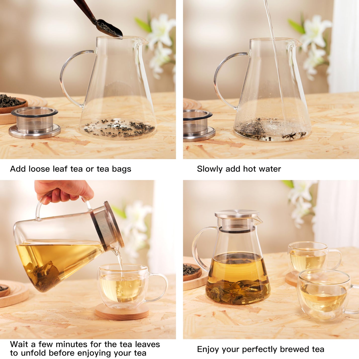 CNGLASS 30.5oz/900ml Glass Teapot Stovetop Safe,One-Touch Clear Tea Kettle,Blooming and Loose Leaf Tea Maker