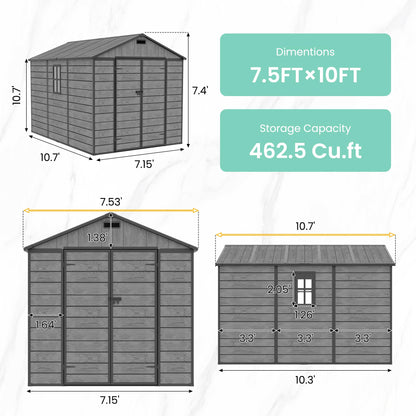 UDPATIO Resin Storage Shed 7.5x10.7 FT, Outdor Plastic Shed for Garden Tools Pool Equipment, Outside Sheds with Lockable Door for Backyard, Patio, Lawn, Dark Grey