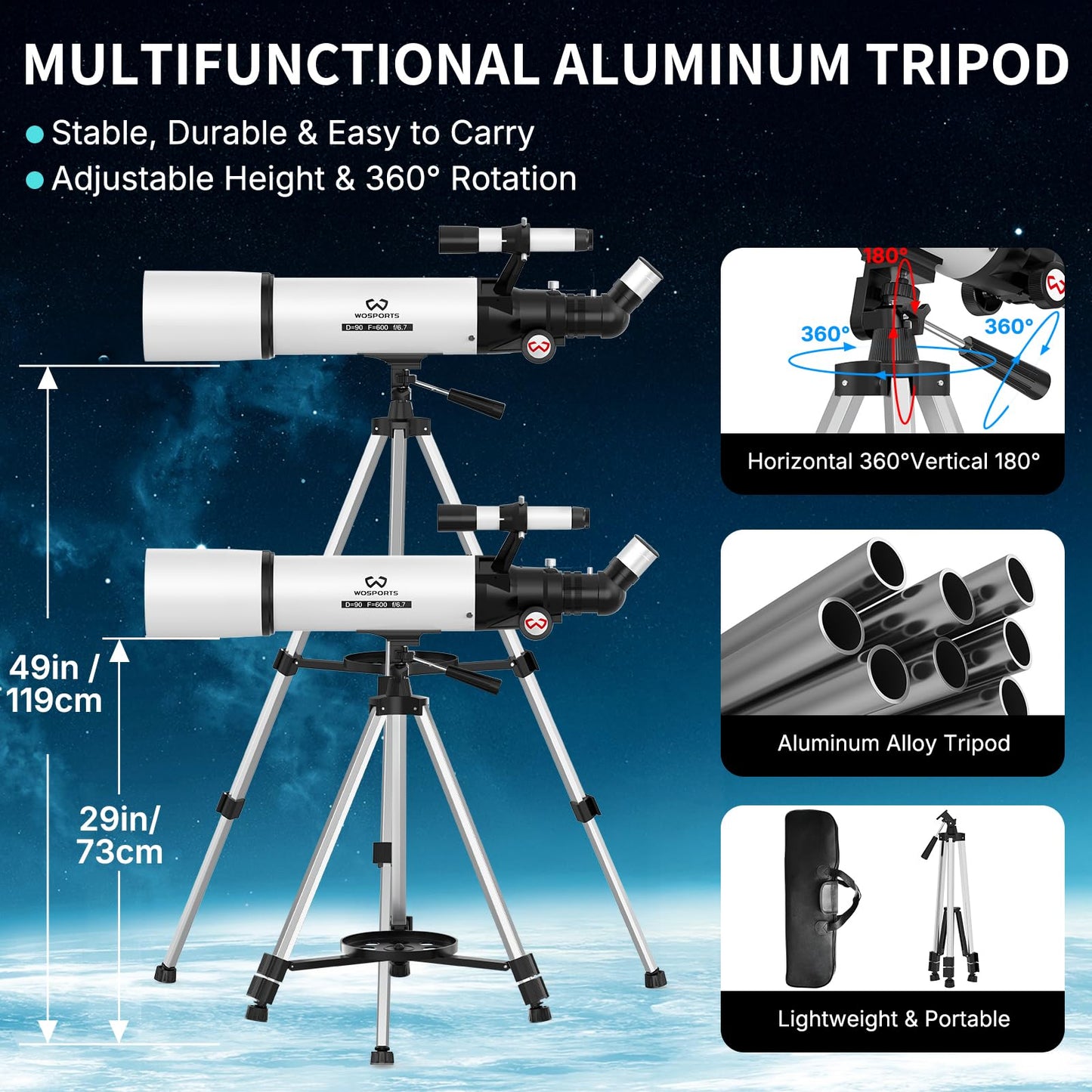 WOSPORTS Telescope for Adults High Powered, 90mm Aperture 600mm Astronomy Portable Professional Refractor Telescope for Beginners, Magnification 180X, with Adjustable Tripod, Phone Adapter, Carry Bag