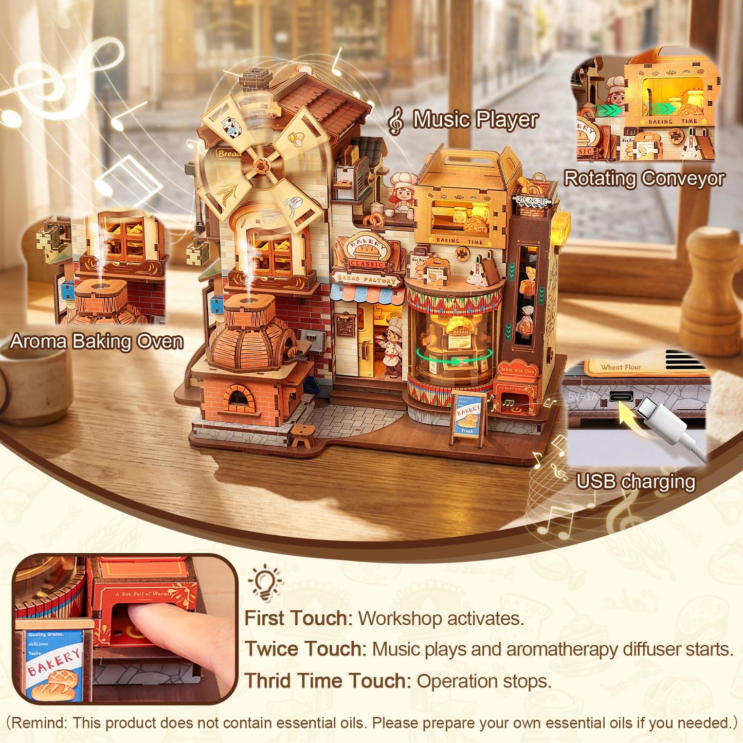 Fsolis 3D Wooden Puzzles for Adults - Mechanical Bread Factory Building with Music & Smoke Effect & Light Up Miniature Craft Kit with 7 Ambient Lighting, 572pcs, Gifts for Women Teens