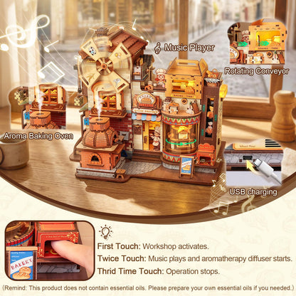 Fsolis 3D Wooden Puzzles for Adults - Mechanical Bread Factory Building with Music & Smoke Effect & Light Up Miniature Craft Kit with 7 Ambient Lighting, 572pcs, Gifts for Women Teens