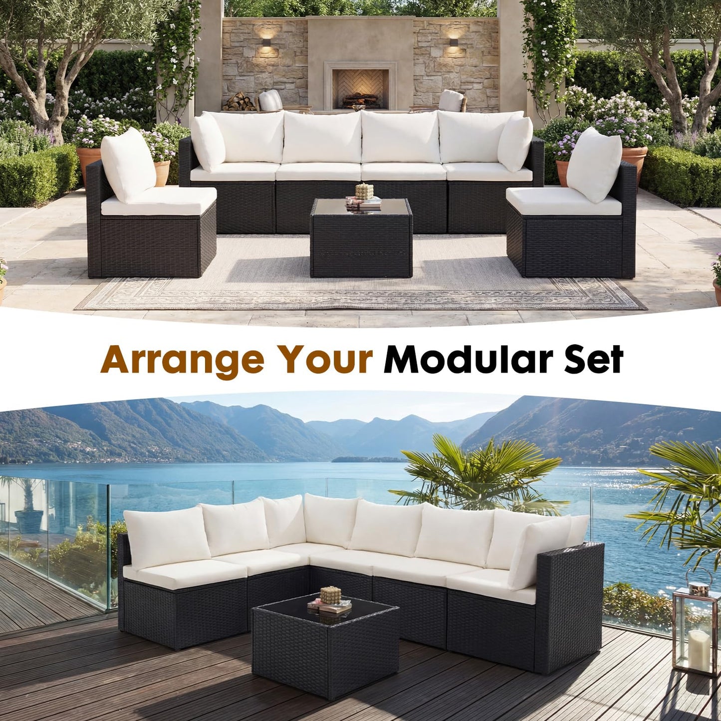 Sweetcrispy 7-Piece Outdoor Patio Sectional Sofa, Modular PE Wicker Outdoor Sectional with Thick Cushions, Rattan Patio Sofa Set with Coffee Table for Backyard, Poolside, Garden, Deck, Black