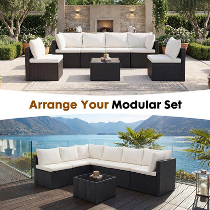 Sweetcrispy 7-Piece Outdoor Patio Sectional Sofa, Modular PE Wicker Outdoor Sectional with Thick Cushions, Rattan Patio Sofa Set with Coffee Table for Backyard, Poolside, Garden, Deck, Black