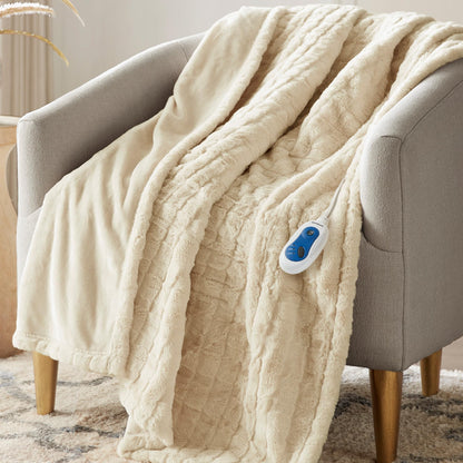 Beautyrest Zuri Reversible Faux Fur to Mink Electric Blanket, Auto Shut Off, Virtually Zero EMF, Multi Heat Setting, UL Certified, Machine Washable, Natural Marble Throw 50x70