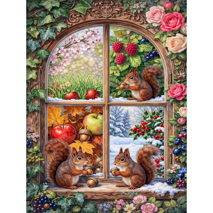 IOHEFY Squirrel Four Seasons Window Diamond Painting 12 x 16 Inch Full Drill Acrylic Diamond Art Cute Woodland Animal Spring Summer Autumn Winter Nano Pearlescent Canvas