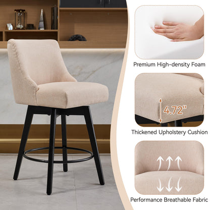 Vipbear Counter Height Bar Stools Set of 3, 26" H Swivel Bar Stools with Backs, Linen Fabric Upholstered Bar Chairs with Solid Wood Legs for Kitchen Island, Dining Room, Home Bar, Beige
