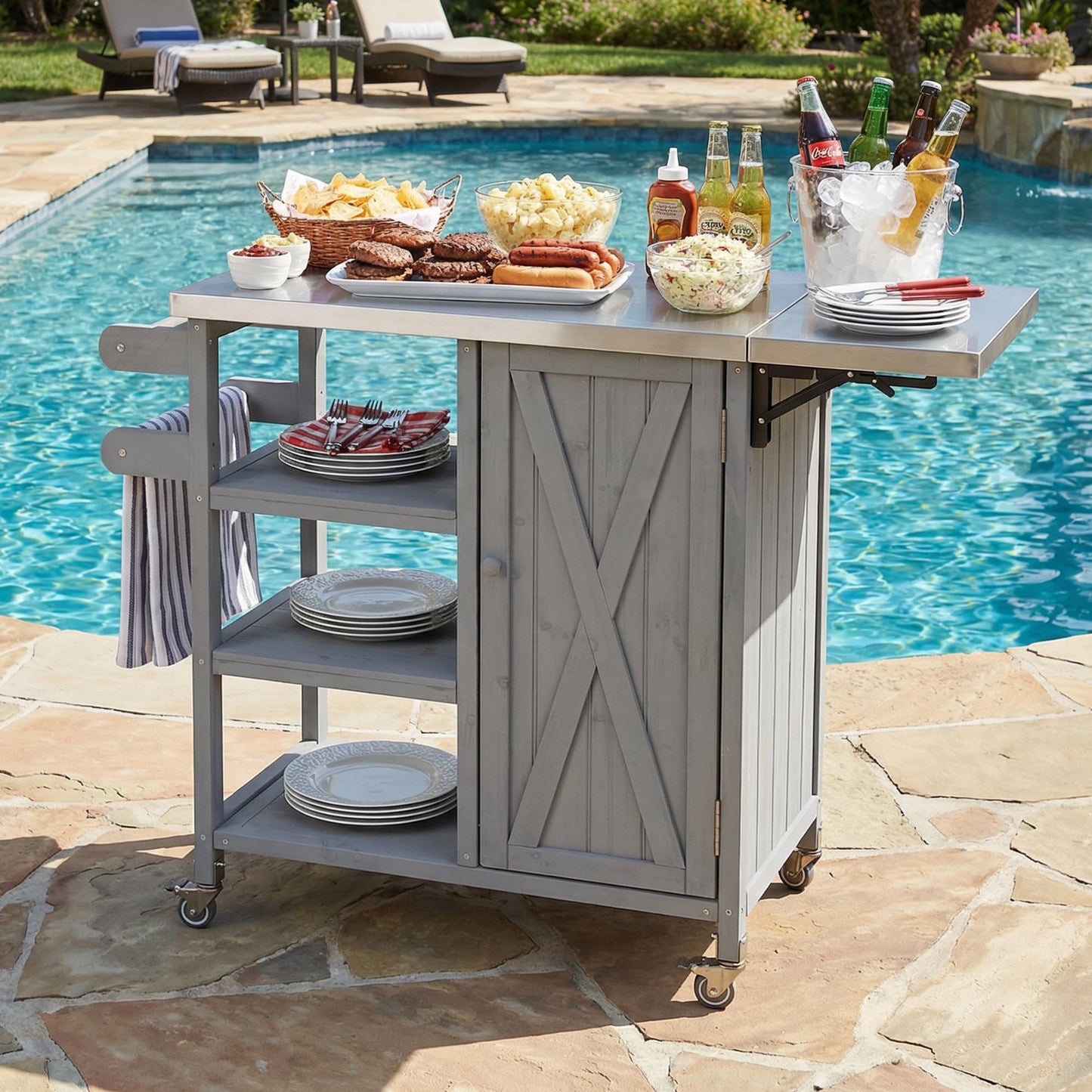 Foldable Outdoor Kitchen Island Cart with Stainless Steel Top, Rolling Grill Table with Storage Cabinet Shelves and Double Towel Rack, Wooden BBQ Prep Station with Lockable Wheels for Patio, Grey
